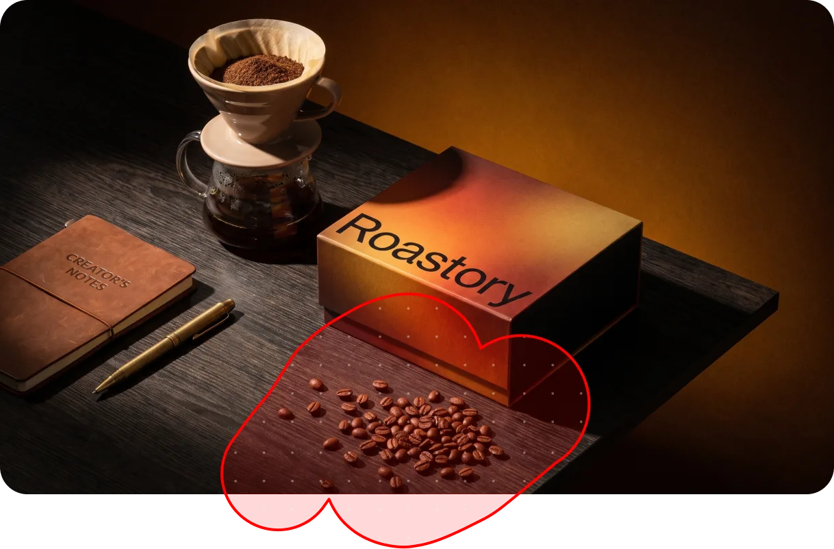 Inpaint editor: a lasso selection drawn around coffee beans on a product photo