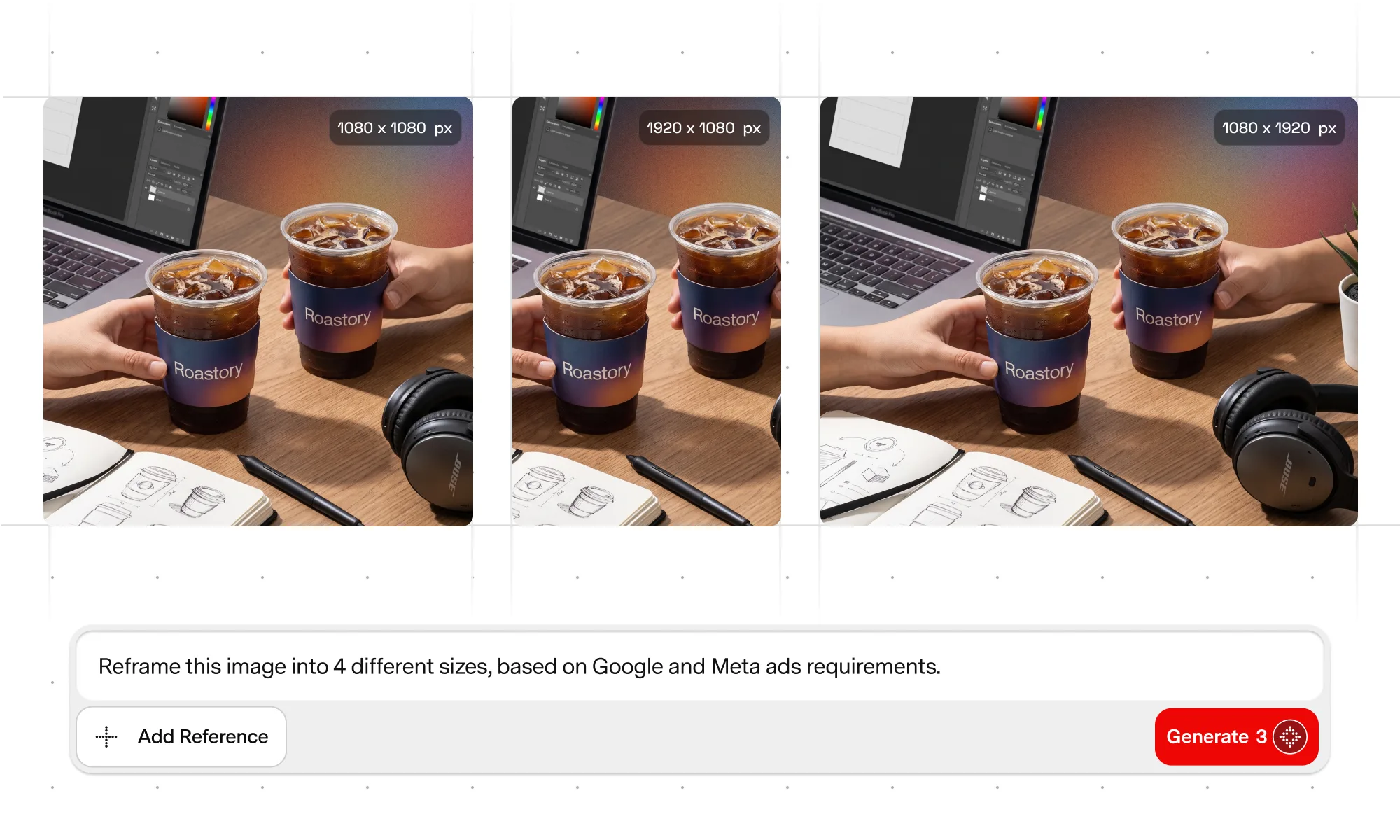 Reframing tool cropping one shot to 1080×1080, 1920×1080, and 1080×1920