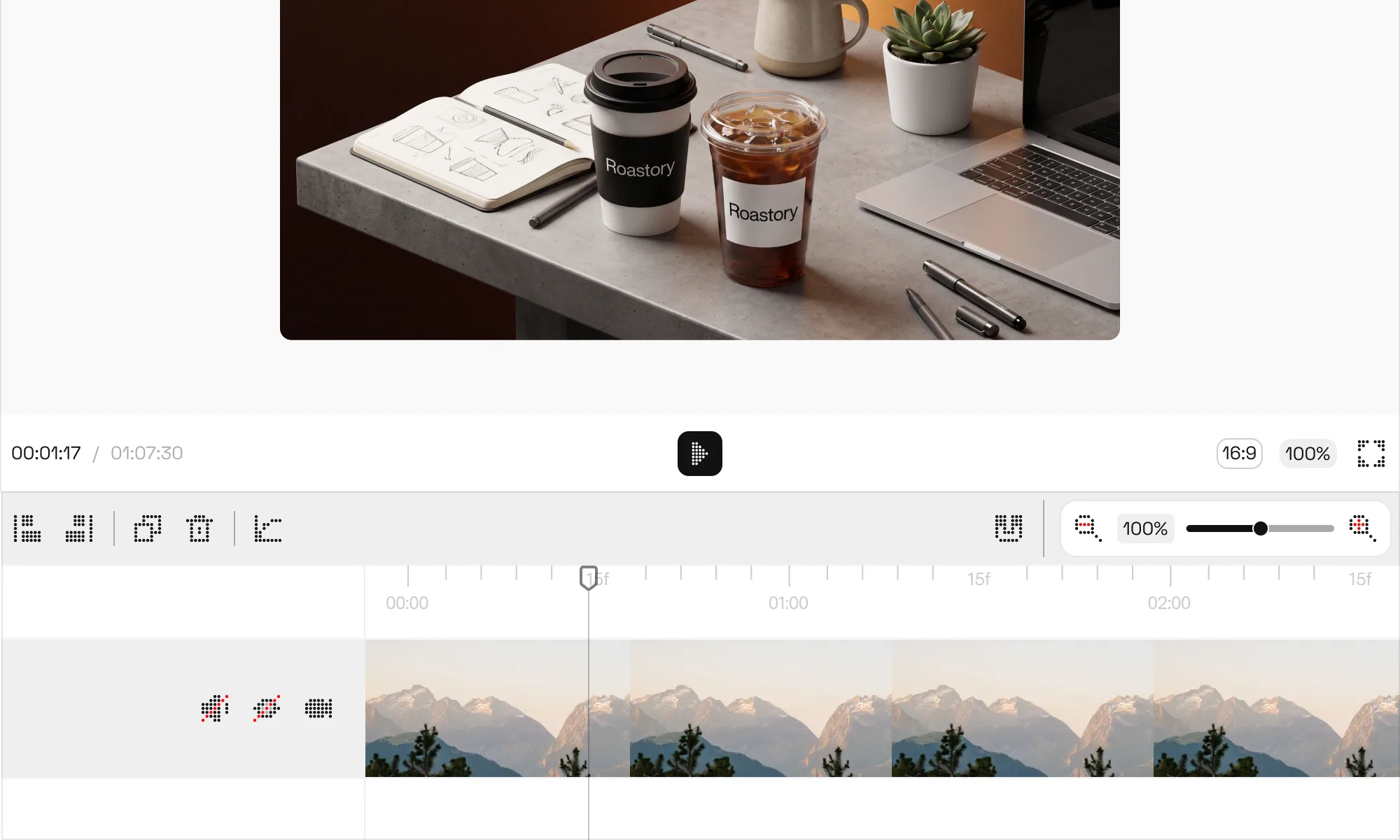 Built-in video editor timeline with side panels