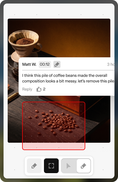 Soontra mobile review canvas showing a timestamped comment and region annotation on a coffee product video