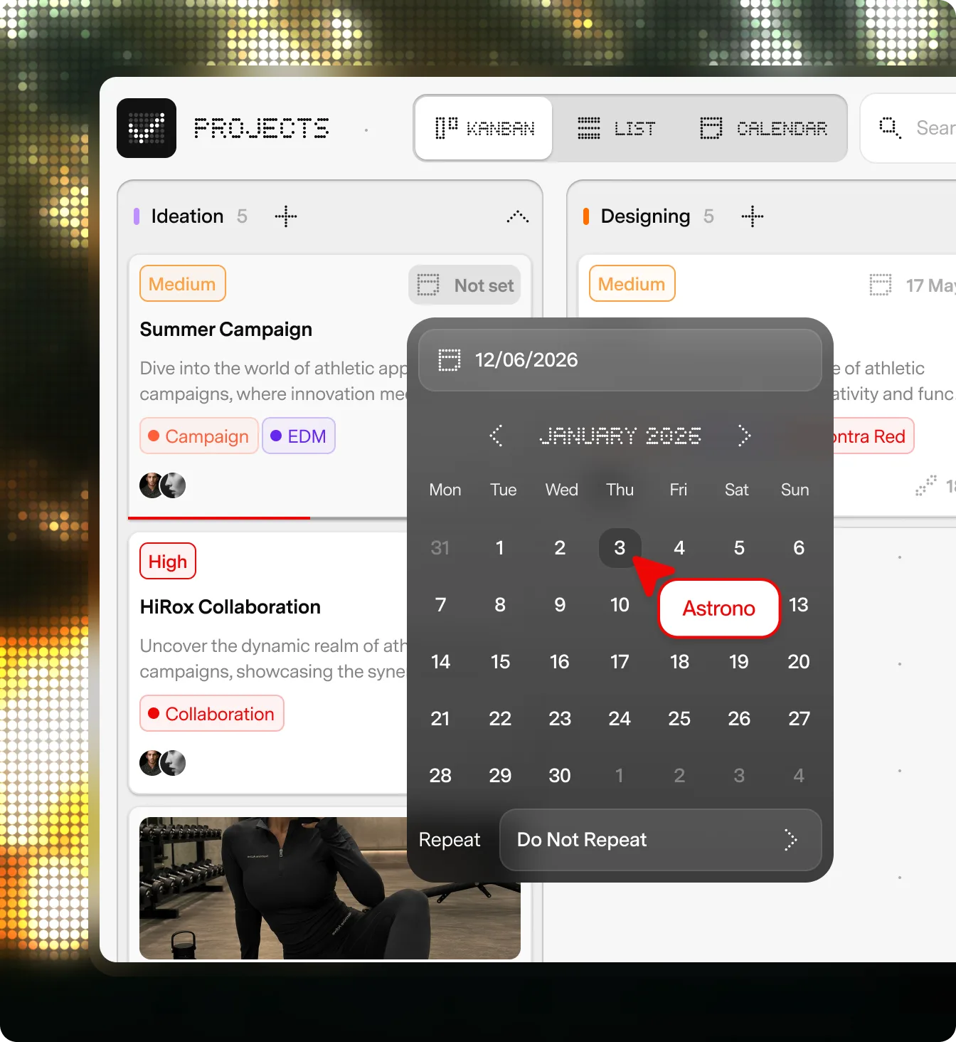 Astrono’s labelled cursor scheduling a project on the Kanban board’s date picker