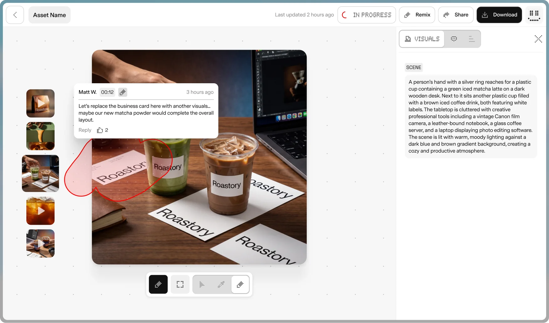 Soontra asset review screen with an image being annotated and an AI scene description panel
