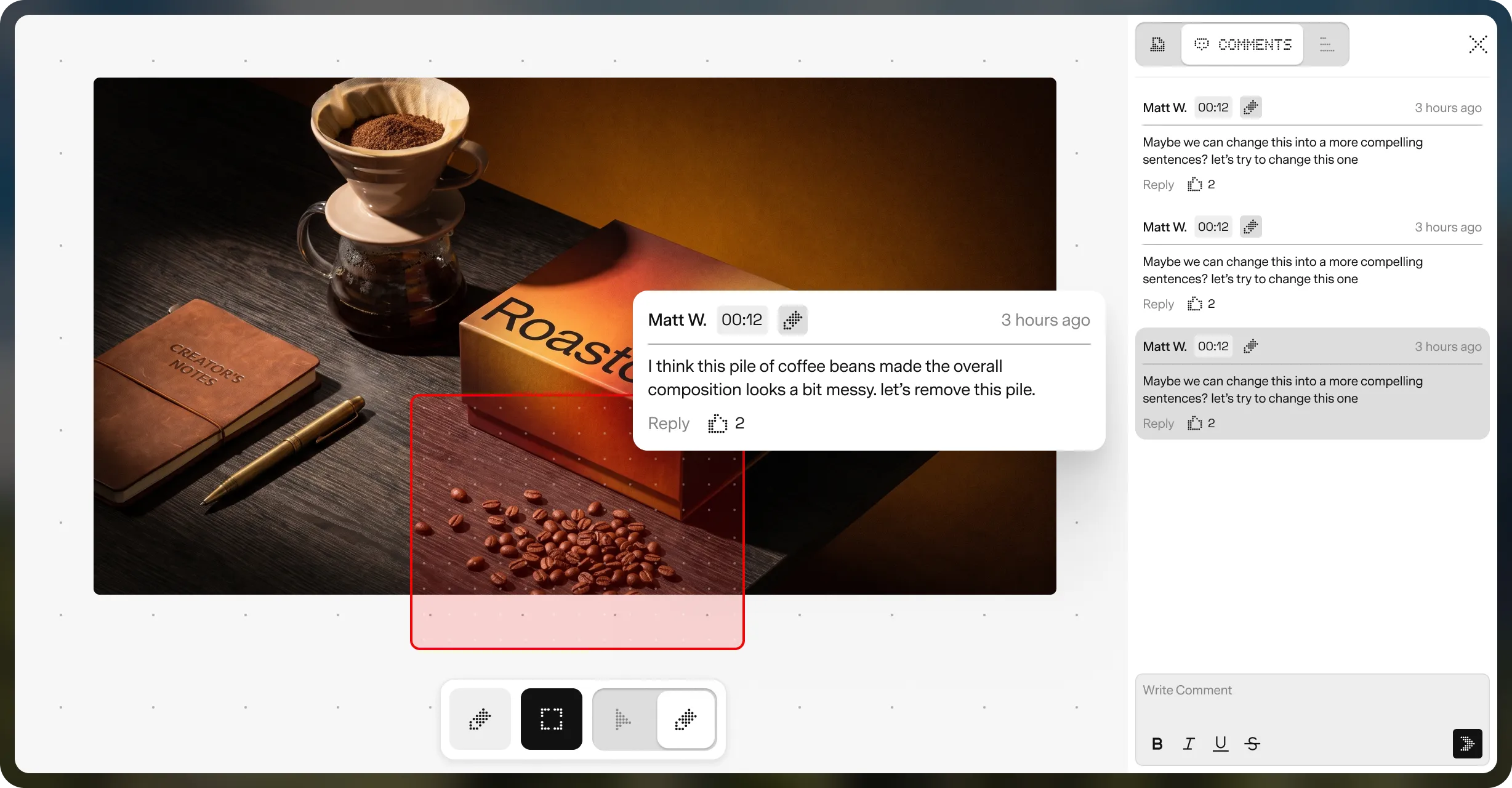 Soontra review canvas: a product photo with a region annotation, a pinned comment from Matt W., and a comments sidebar
