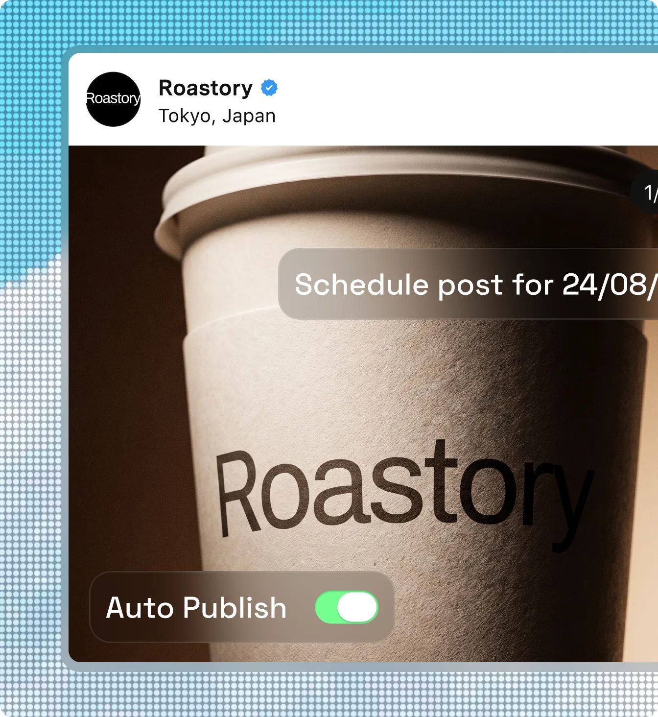 Scheduling a Roastory social post for 24/08 on the content calendar