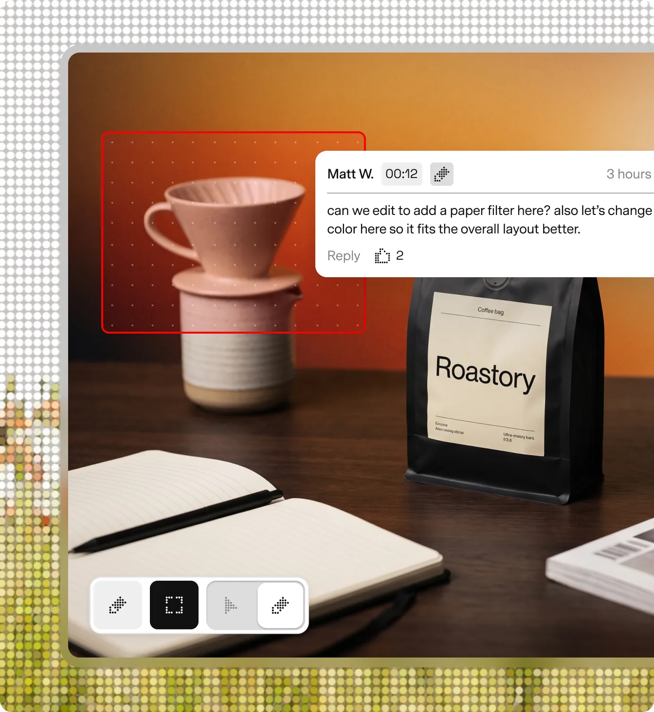 A review comment pinned to a region of a Roastory product photo