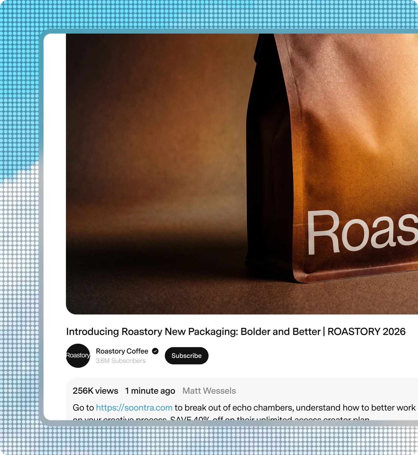 A published Roastory video post with view counts and comments