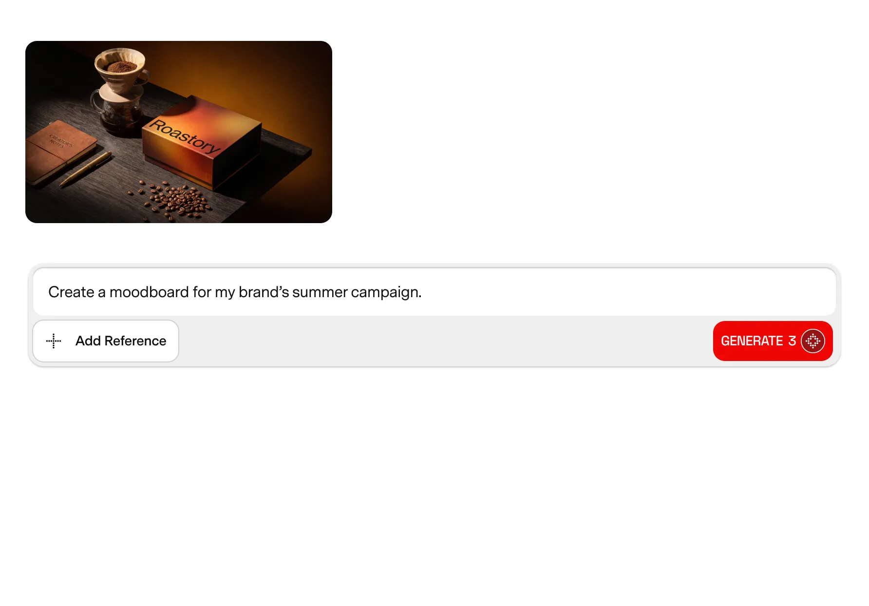 An AI prompt “Create a moodboard for my brand’s summer campaign.” with a Roastory reference photo and a Generate button