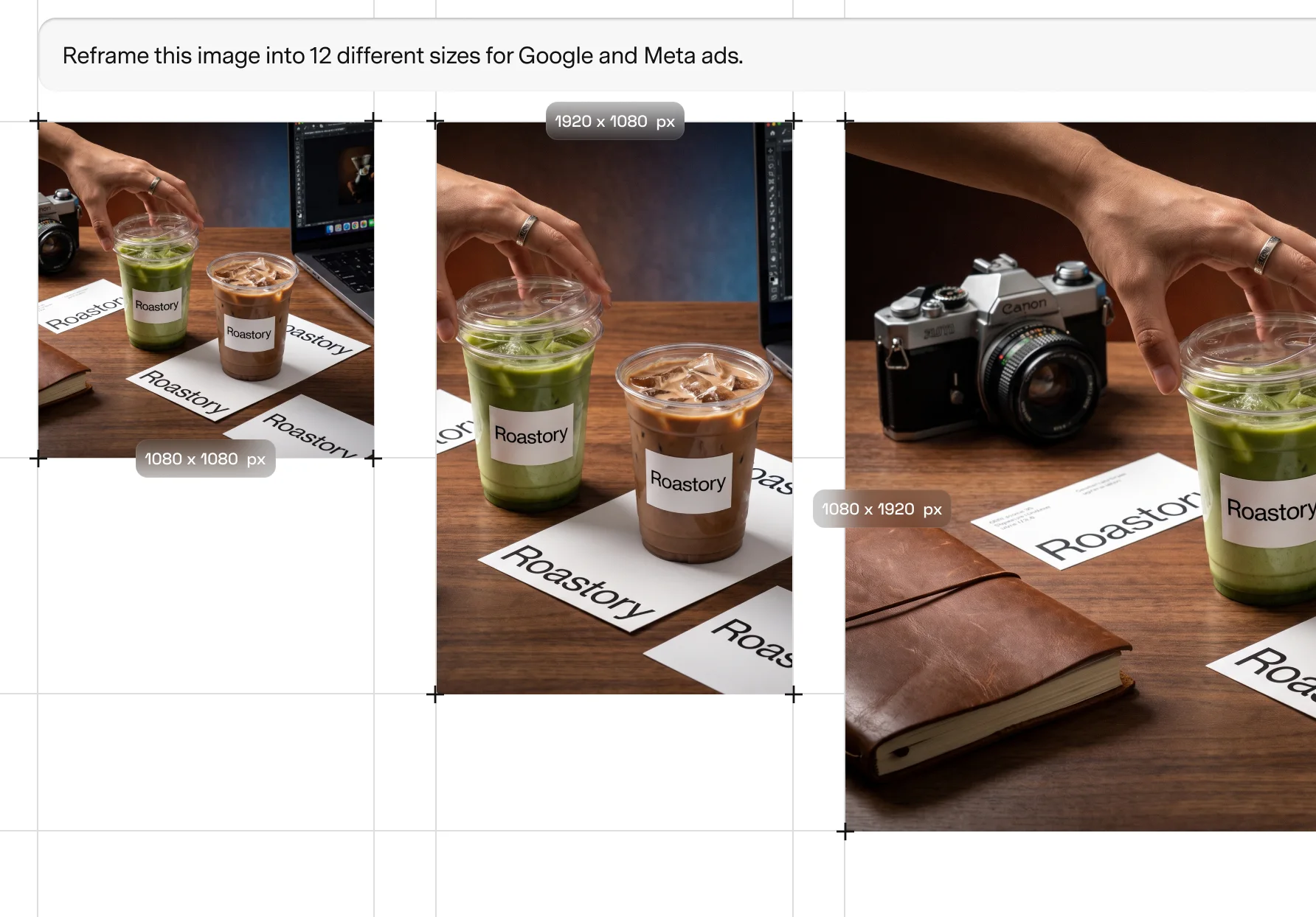 Soontra reframing one Roastory photo into 1080×1080, 1920×1080, and 1080×1920 ad sizes