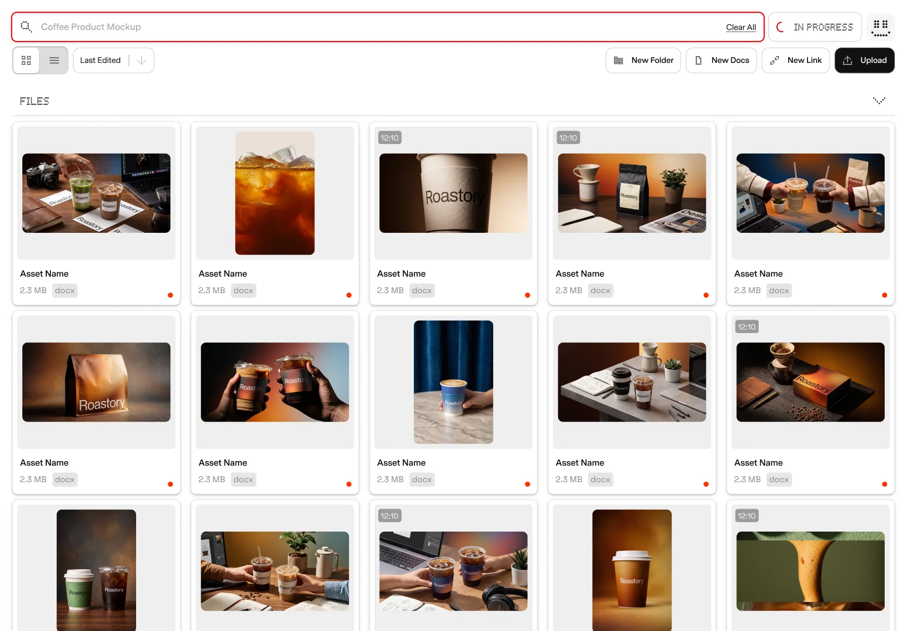 Soontra asset library searching “Coffee Product Mockup” across a grid of Roastory files