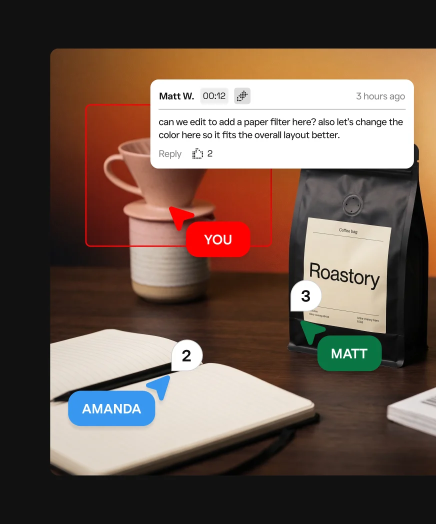Review comments pinned to regions of a coffee product photo