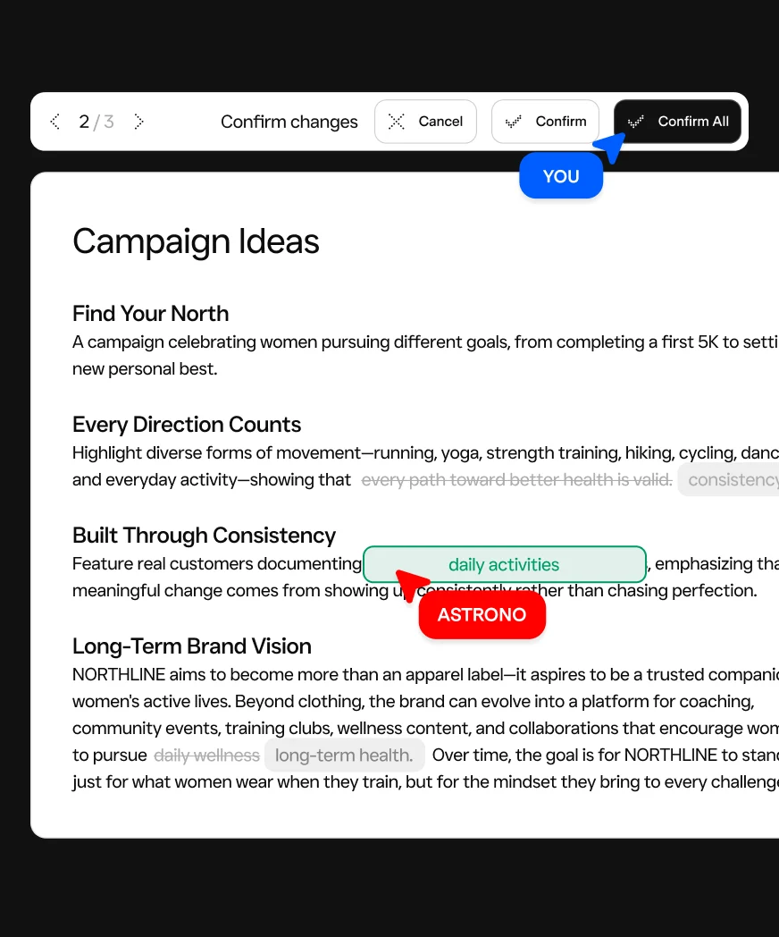A campaign ideas document being edited with tracked changes
