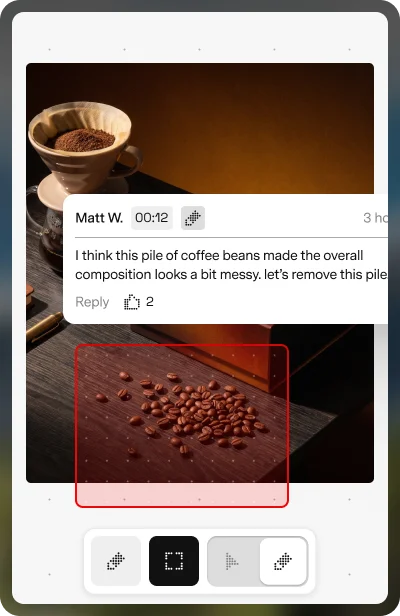Soontra mobile review canvas showing a timestamped comment and region annotation on a coffee product video