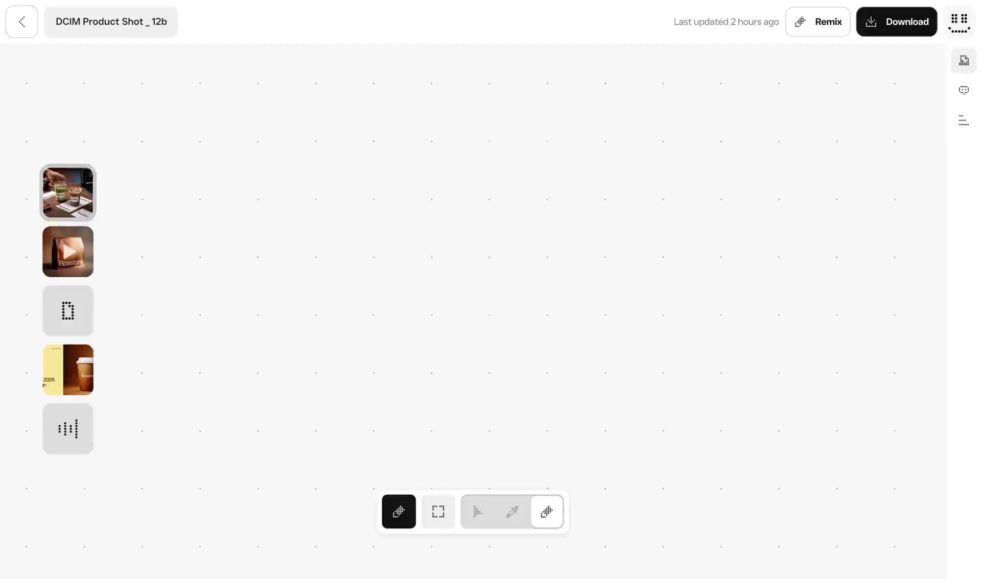 Soontra review canvas showing a product photo open beside the asset library sidebar